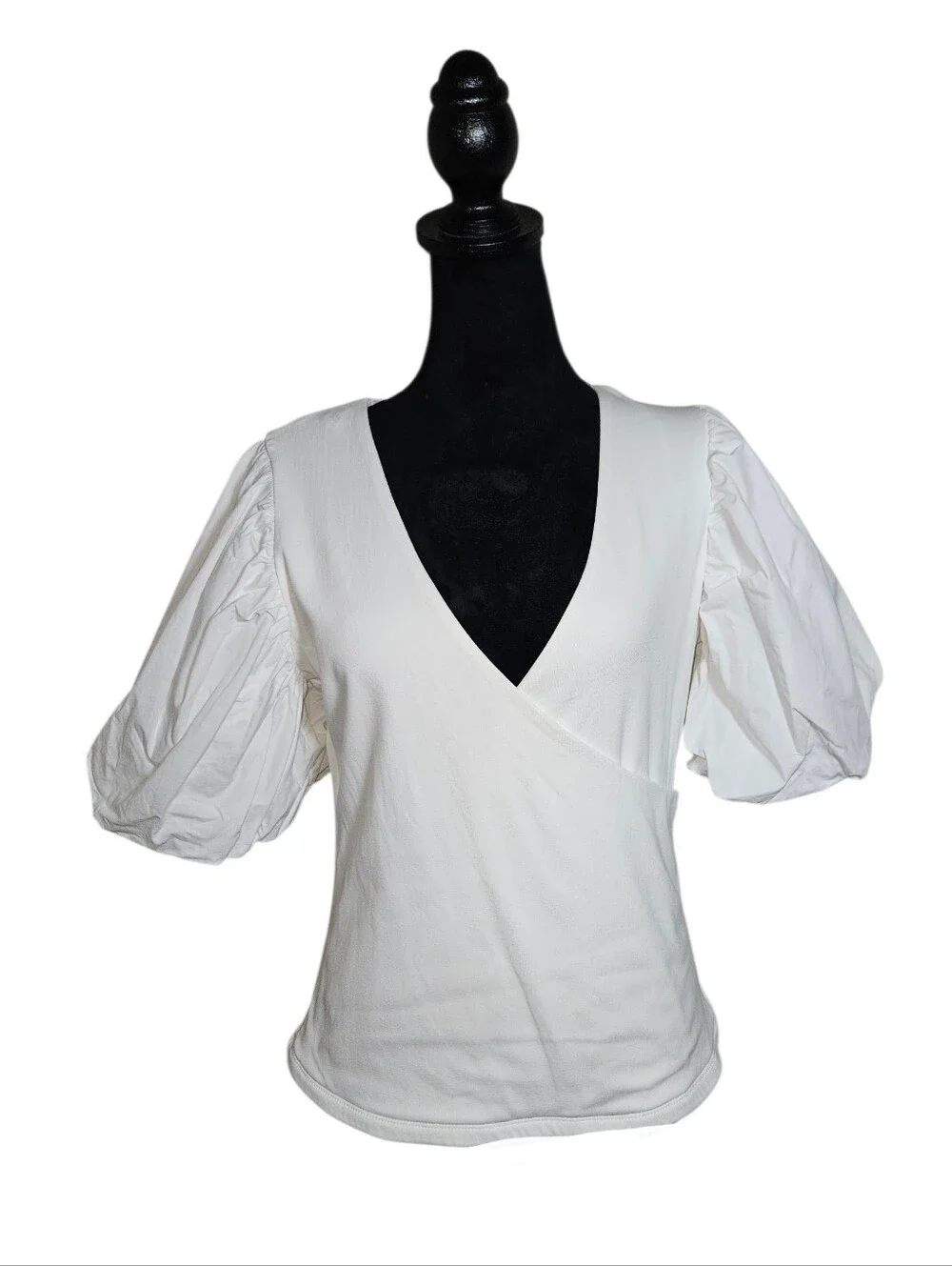 Maeve by Anthropologie White V-Neck Short Puff-Sleeve Wrap Front Top Size M